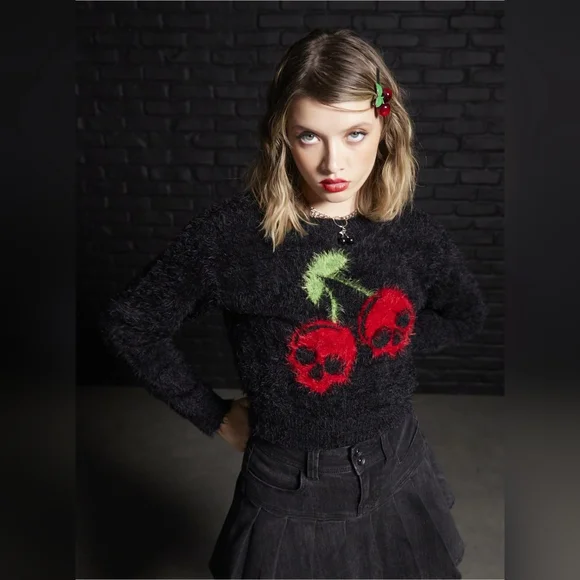Pullovers & SweatersSocial Collision Skull Cherry Girls Fuzzy Sweater Large - Picture 1 of 3